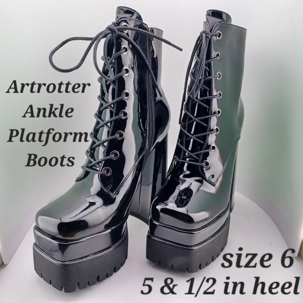 Artrotter Black Ankle Platform Boots Womens size 6 Chunky Block 5.5 in  Heel - Picture 8 of 8